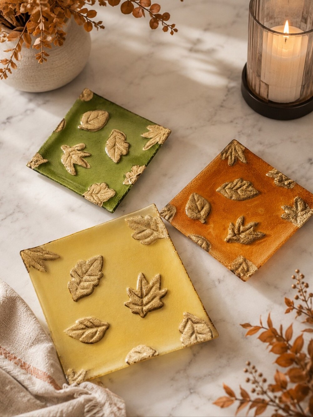 Princess House Art Glass Fused Glass Gold Leaf Design Platter And Side Dishes